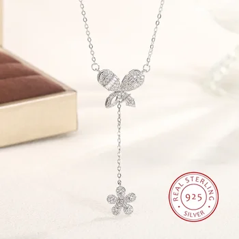 Zarif 925 Gümüş Kolye Kadınlar için Kelebek Şekli Klavikula Zincir Püskül Çiçek Kolye Kadınlar için düğün takısı Hediye - Görüntü 1  