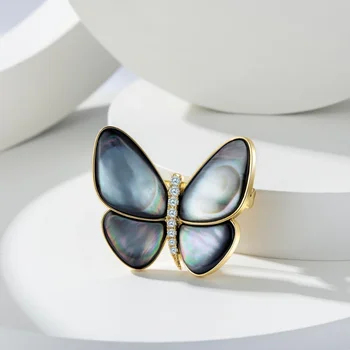 Parlayan U İnci Kabuk Kelebek Broş Lüks Beyaz Siyah Sarı Renk Kadınlar için Güzel Takı - Görüntü 2  