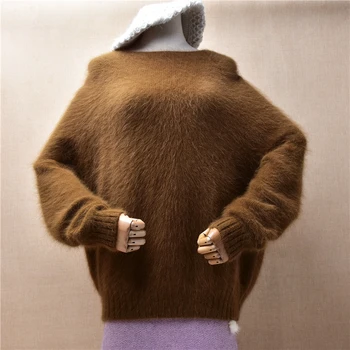 Bayanlar Kadınlar Güz Kış Giyim Sıcak Tüylü Angora Tavşan Saç Örme Slash Boyun Gevşek Kazak Jumper Kazak Çekme Üstleri - Görüntü 1  