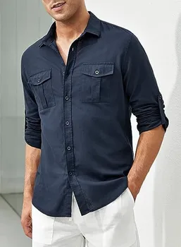 2024 Yeni erkek Casual Bluz Pamuklu Gömlek Gevşek Üstleri Uzun Kollu Tee Gömlek İlkbahar Sonbahar Rahat Yakışıklı erkek Gömlek - Görüntü 2  