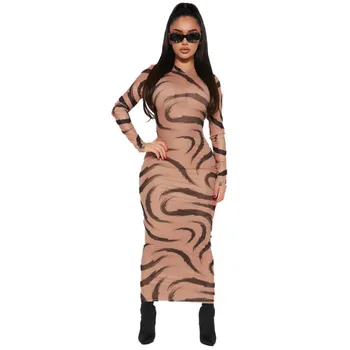 Moda Maxi Elbise Kadınlar için Baskı Uzun Kollu Kulübü Parti Mesh See Through Bodycon Elbiseler yaz kıyafetleri Kadınlar için - Görüntü 1  