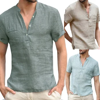 Erkekler Yaz kısa kollu tişört Pamuk Keten Casual Düğme Tops Basit Düz Renk Gevşek Nefes Gömlek - Görüntü 1  