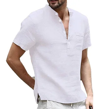 Erkekler Yaz kısa kollu tişört Pamuk Keten Casual Düğme Tops Basit Düz Renk Gevşek Nefes Gömlek - Görüntü 2  