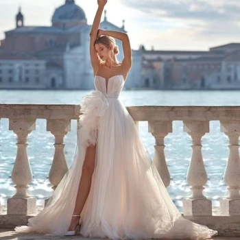 Basit düğün elbisesi Bir Çizgi V Boyun Spagetti Sapanlar Vestidos Kolsuz Çiçekler Aplikler Backless Yan Yarık gelinlikler - Görüntü 1  
