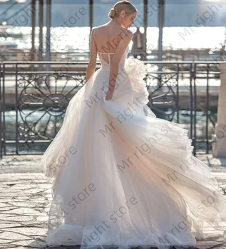 Basit düğün elbisesi Bir Çizgi V Boyun Spagetti Sapanlar Vestidos Kolsuz Çiçekler Aplikler Backless Yan Yarık gelinlikler - Görüntü 2  