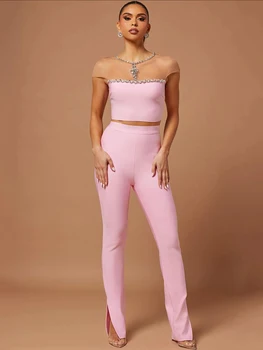 2024 Yeni Moda Pembe Kadın Örgü Elmas Kristal Kısa Üstleri bandaj pantolon seti Kutlamak Gece Kulübü Parti Giyim kadın Seti Kıyafet - Görüntü 1  