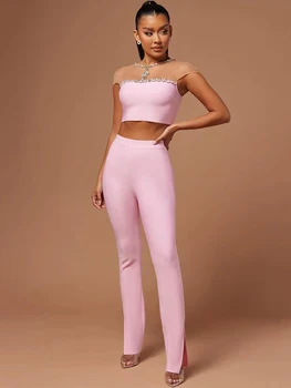 2024 Yeni Moda Pembe Kadın Örgü Elmas Kristal Kısa Üstleri bandaj pantolon seti Kutlamak Gece Kulübü Parti Giyim kadın Seti Kıyafet - Görüntü 2  