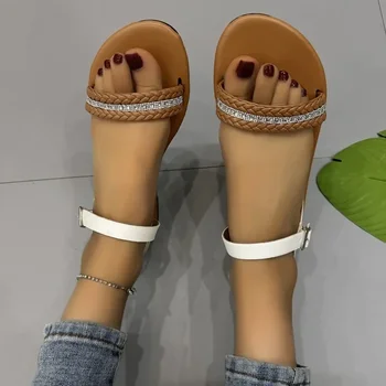 2024 Bayan Ayakkabıları Temel kadın Sandalet Sıcak Satış Rahat Sandalet Kadın Örgü Kristal Yuvarlak Ayak Toka Kayış Düz Ayakkabı Kadın - Görüntü 2  