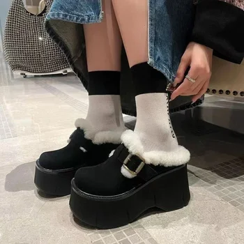 2023 Kış Platformu Flats Kadın Kürk Katır Terlik Ayakkabı Moda Sığ Kayma Bayanlar Katır Ayakkabı Rahat Açık Ayakkabı - Görüntü 1  