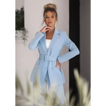 Zarif Kadın Takım Elbise Düz Renk Çentikli Yaka Kruvaze Ofis Bayan Rahat Balzer Coatume Terno İki Adet Ceket Pantolon - Görüntü 1  