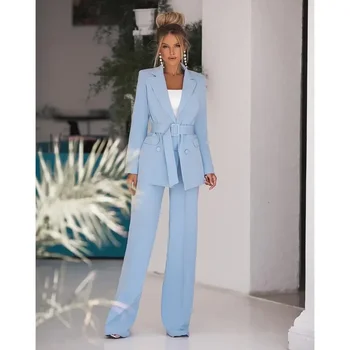 Zarif Kadın Takım Elbise Düz Renk Çentikli Yaka Kruvaze Ofis Bayan Rahat Balzer Coatume Terno İki Adet Ceket Pantolon - Görüntü 2  