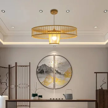 Çin Tarzı Rattan Sanat LED Avize El Dokuma Oturma Odası Restoran Yatak Odası Asılı Lamba Dekorasyon E27 Aydınlatma Armatürleri - Görüntü 2  