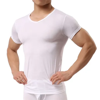 B1309 Erkek Fanila Buz İpek T Shirt Erkek Naylon V Yaka kısa kollu üstler Ultra ince Serin Pijama Fanila - Görüntü 2  