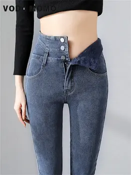Yeni Kış Kalın Polar İnce Streç Düğme kalem pantolon Rahat Kadife Kot Yüksek Bel Kalınlaşma Sıcak Skinny Jeans Kalın Kadın - Görüntü 1  