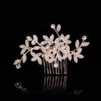 Floralbride Sıcak Satış Gül Altın Renk Rhinestones Kristaller Çiçek Düğün Saç Tarak Gelin Saç aksesuarları Nedime Kadınlar - Görüntü 1  