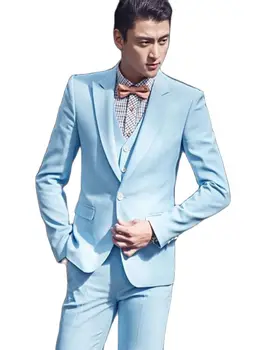 Klasik Tarzı 1 düğme Gökyüzü Mavi Blazer Pantolon Damat Erkek Takım Elbise Smokin Erkek Düğün Balo Takım Elbise Parti Giyim (Ceket + Pantolon + Yelek + Kravat) - Görüntü 1  