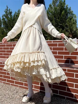 Dantel Uzun Etek Kadın Kawaii Lolita Etek Japon Sonbahar Kış Moda Sevimli Ruffles Midi Etek Bayanlar Kadife Yüksek Bel Etekler - Görüntü 1  