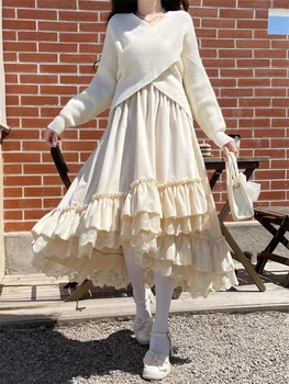 Dantel Uzun Etek Kadın Kawaii Lolita Etek Japon Sonbahar Kış Moda Sevimli Ruffles Midi Etek Bayanlar Kadife Yüksek Bel Etekler - Görüntü 2  