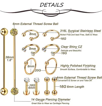 12 Adet Paslanmaz Çelik Endüstriyel Halter Kıkırdak Burun Halkası Piercing Küpe Dairesel Spiral Earscreen Dudak tırnak mücevheri - Görüntü 2  