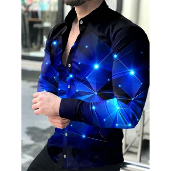 Güzel yıldızlı gökyüzü desenli ve 3D dijital baskılı erkekler için şık ve havalı rahat uzun kollu gömlek. - Görüntü 1  