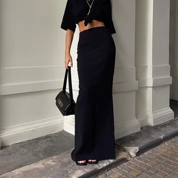 Moda Düz Renk Etekler Siyah Görünür İnce 2023 Yeni Bahar Sonbahar A-line Ayak Bileği uzunlukta İnce kadın Elbise - Görüntü 2  