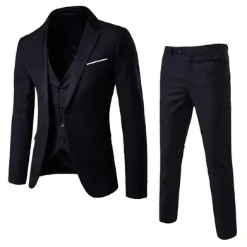 2 Parça Damat Takım Elbise Resmi Blazer + pantolon seti Düz Renk Tek göğüslü Erkek Kore Tarzı Ceket Fermuar Fly Pantolon Erkek Takım Elbise - Görüntü 1  