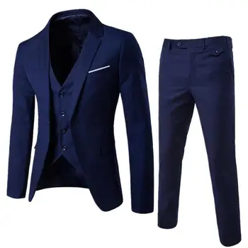 2 Parça Damat Takım Elbise Resmi Blazer + pantolon seti Düz Renk Tek göğüslü Erkek Kore Tarzı Ceket Fermuar Fly Pantolon Erkek Takım Elbise - Görüntü 2  