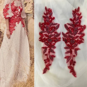 1 Çift 2 ADET Kırmızı Zengin Boncuklu Nakış Dantel Aplike Nakış DIY Dikiş Yama düğün elbisesi Elbise - Görüntü 1  