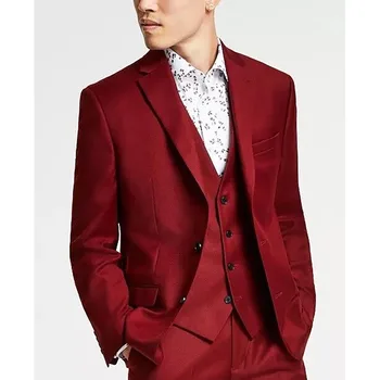 STEVDITG Yüksek Kaliteli erkek Takım Elbise Kırmızı Çentikli Yaka Tek Breated Düğün Kostüm 3 Parça Ceket Pantolon Yelek Trajes de Hombre - Görüntü 1  