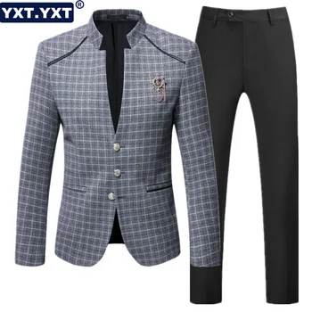 Zarif Erkek Takım Elbise 2023 Yeni Sıcak Satış İş Ekose Takım Elbise Ceket Pantolon 2 Parça Setleri Resmi Parti Akşam Düğün Takımları erkekler için - Görüntü 1  