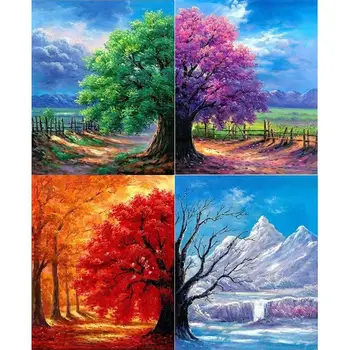5D DİY Elmas Boyama Dört Mevsim Ağaçlar Manzara Elmas Nakış Taklidi Mozaik Çapraz Dikiş Kiti Ev Dekorasyon Hediye - Görüntü 1  