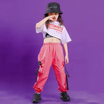 Kız Hip Hop Kargo Pantolon kısa kollu tişört Çocuk kırpma kolsuz yelek Kıyafet Çocuklar Tee Sokak Dans giyim setleri Gençler Sahne Kostümleri - Görüntü 1  