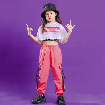 Kız Hip Hop Kargo Pantolon kısa kollu tişört Çocuk kırpma kolsuz yelek Kıyafet Çocuklar Tee Sokak Dans giyim setleri Gençler Sahne Kostümleri - Görüntü 2  
