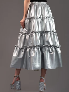 Kadın Köpüklü Pullu Süslenmiş A-line Midi Etek-Göz Alıcı Pırıltılı Pileli Katmanlı Gümüş Etek ile Flowy ve - Görüntü 2  