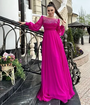 Fashionvane Fushcia Şifon balo kıyafetleri Boncuklu Düğmeler Uzun Kollu Örgün Durum Kadınlar Bir Çizgi Abiye giyim - Görüntü 1  