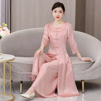 2023 Yaz Çin Tarzı Retro Geliştirilmiş Tang Takım Elbise Üst Geniş Bacak Pantolon Moda Zarif İki Parçalı Set Kadın Kıyafetleri Z1809 - Görüntü 1  