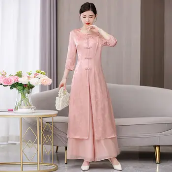 2023 Yaz Çin Tarzı Retro Geliştirilmiş Tang Takım Elbise Üst Geniş Bacak Pantolon Moda Zarif İki Parçalı Set Kadın Kıyafetleri Z1809 - Görüntü 2  