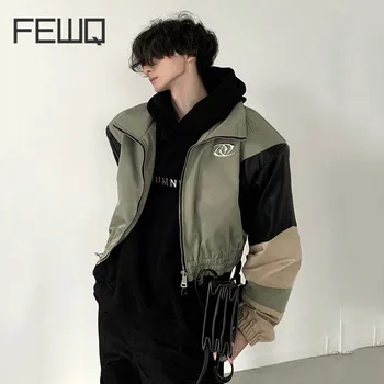 FEWQ erkek Ceket Sonbahar Niş Patchwork PU Deri Tasarım Kontrast Renk 2023 Uzun Kollu Fermuar Erkek Ceket Streetwear 24X1788 - Görüntü 1  