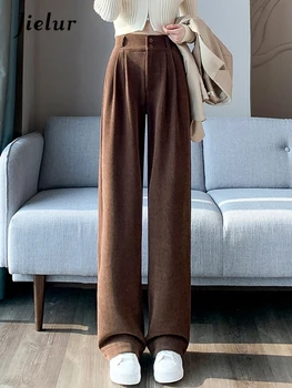 Jielur Yüksek Bel Kış Gevşek Kadın Geniş Bacak Pantolon Düz Renk Çift Düğmeler Rahat Ince Moda kadın pantolonları Ofis Bayanlar - Görüntü 1  