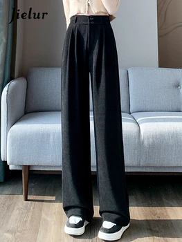 Jielur Yüksek Bel Kış Gevşek Kadın Geniş Bacak Pantolon Düz Renk Çift Düğmeler Rahat Ince Moda kadın pantolonları Ofis Bayanlar - Görüntü 2  