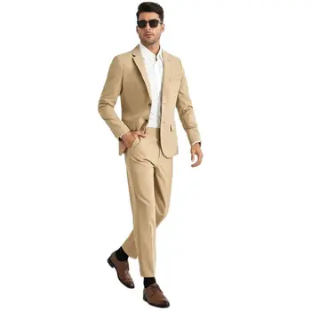 Düğün Şampanya Takım Elbise Erkekler için Zarif 2 Parça Ceket Pantolon Tek Göğüslü Çentikli Yaka Slim Fit Blazer Kostüm Giyim - Görüntü 2  
