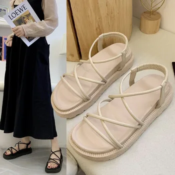 Roma sandalet kadın Koreli öğrenci kalın taban plaj askısı çapraz düz ayakkabı - Görüntü 2  