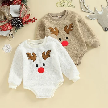 Toddler bebek Polar Romper Uzun Kollu Yuvarlak Boyun Ren Geyiği Nakış Bodysuit Bebek Kış Kıyafet çocuk giyim - Görüntü 1  
