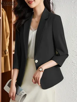 2023 ZANZEA Sonbahar Moda Ofis Bayan Blazer Kadınlar Casual Yaka Boyun 3/4 Kollu İnce Palto Katı Zarif OL İş Ceketleri Takım Elbise - Görüntü 2  
