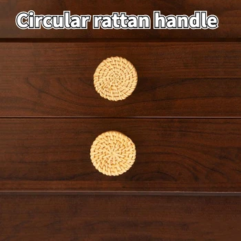 Boho Rattan Dresser Topuzlar Yuvarlak Ahşap Çekmece Kolları El Yapımı Hasır Dokuma ve Vidalar Boho Mobilya Kolları - Görüntü 1  