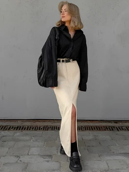 Yarık Yüksek Bel Etek Pamuk Banliyö Düz Renk Uzun Etekler Kadınlar için Moda 2023 Sonbahar Düz Etek Kore Giyim - Görüntü 1  