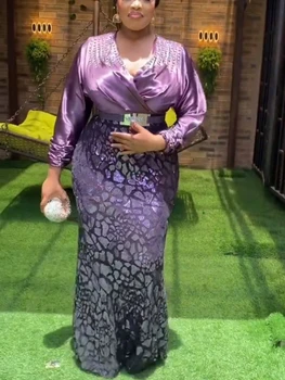 Kadınlar Zarif Lüks Boncuk Maxi Akşam Parti Elbise Bodycon V Boyun Uzun Kollu Baskılı Resmi Olay Afrika Kadın Elbiseler 3XL - Görüntü 2  