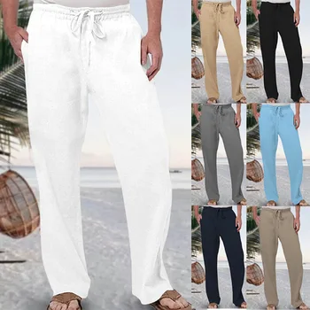 Erkekler Hip Hop Pantolon Nefes Pamuk Keten Moda Yumuşak Kumaş Gevşek Rahat Spor Düz Renk Elastik Urgan Pantolon 2023 Artı - Görüntü 1  