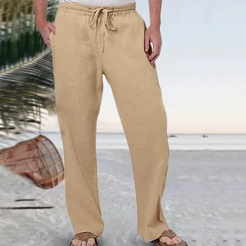 Erkekler Hip Hop Pantolon Nefes Pamuk Keten Moda Yumuşak Kumaş Gevşek Rahat Spor Düz Renk Elastik Urgan Pantolon 2023 Artı - Görüntü 2  