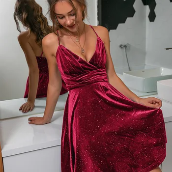 Altın Kadife Akşam Seksi Derin V Yaka Aç Geri Askı Elbiseler Kadın Yaz 2024 Yeni Kolsuz Katı Kaşkorse Yüksek Bel Elbise - Görüntü 2  